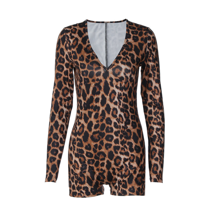Damen stylischer Leopardenmuster Bodysuit mit V-Ausschnitt und langen Ärmeln Echo Archiv