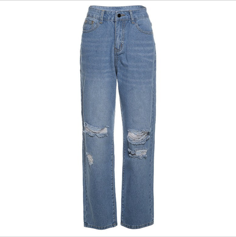 Damen nan hochgeschnittene weite Jeanshose im Baggy-Stil mit Knieausfransungen und elastischem Saum Echo Archiv