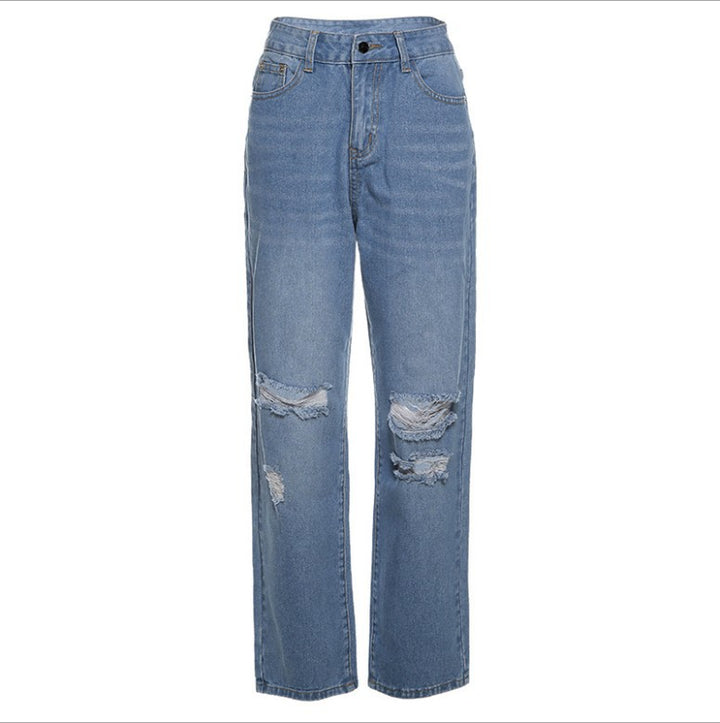 Damen nan hochgeschnittene weite Jeanshose im Baggy-Stil mit Knieausfransungen und elastischem Saum Echo Archiv