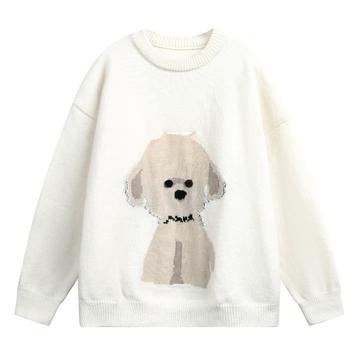 Damen Oversize Strickpullover mit gewebtem Hundemotiv und Knopfaugen Echo Archiv