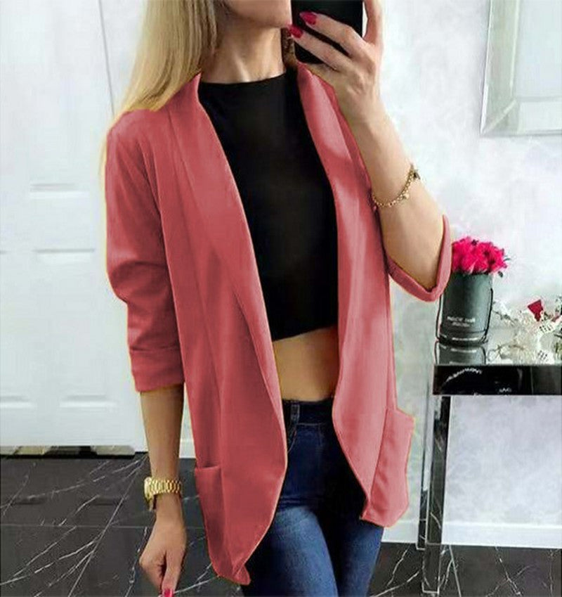 Damen Leichter Offener Cardigan-Blazer, dreiviertelärmelig mit Eingrifftaschen – Veloura