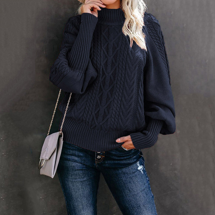 Damen nan Zopfmuster-Strickpullover mit Rollkragen und Ballonärmeln Echo Archiv