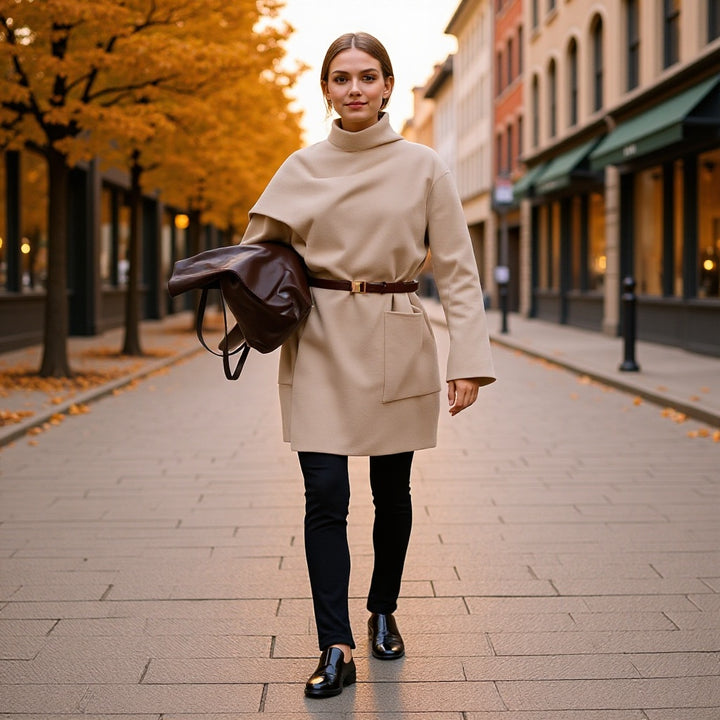 Damen Oversize-Mantel mit Stehkragen, asymmetrischem Überwurf und aufgesetzter Tasche Echo Archiv
