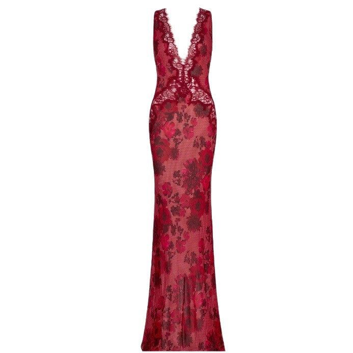 Damen nan figurbetontes Abendkleid im Meerjungfrauen-Schnitt mit tiefem V-Ausschnitt und floralem Spitzenbesatz Echo Archiv