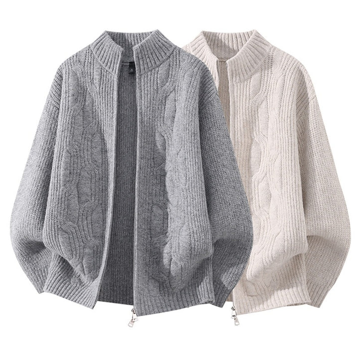 Damen Weicher Oversize‑Zopfmuster‑Cardigan mit Stehkragen & Zwei‑Wege‑Reißverschluss Echoarchiv