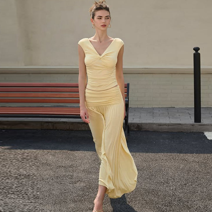 Damen Fließendes Maxikleid mit Raffungen und V-Ausschnitt Echo Archiv