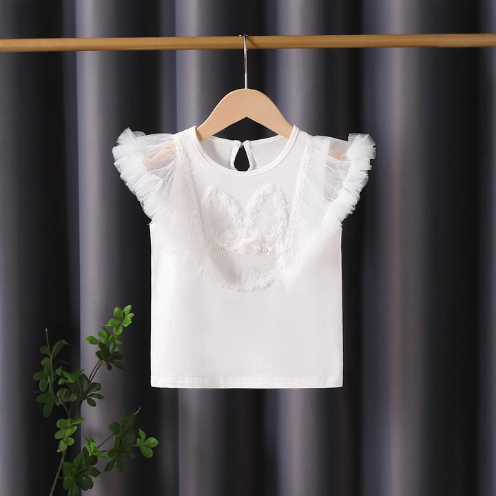 Mädchen T-Shirt mit luftigen Tüllärmel und besticktem Bunny-Motiv Echo Archiv
