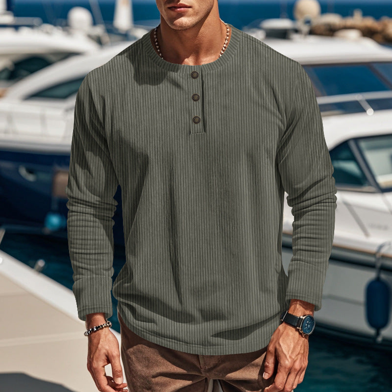 Herren nan geripptes Langarm-Henleyshirt mit Stehkragen und verdeckter Knopfleiste aus atmungsaktivem Jersey Echo Archiv
