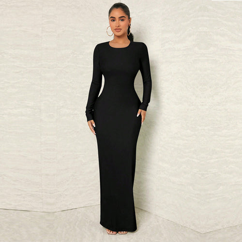 Damen figurnahes Maxikleid mit Rundhalsausschnitt, langem Arm und sculptender Taillenform – Valéora