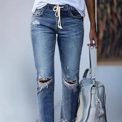 Damen Cropped-Denim-Jeans mit Tunnelzugbund, Destroyed-Kniepartien und rohem Saum Echo Archiv