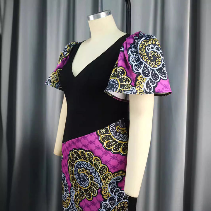 Damen Elegantes Etuikleid mit buntem Mustermix und Puffärmeln Echo Archiv