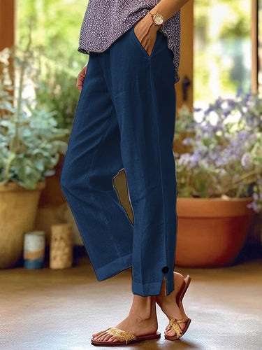 Damen Leinenhose mit lockerer, knöchellanger Passform, seitlichen Eingrifftaschen und Zierknopf-Details – Avélisse