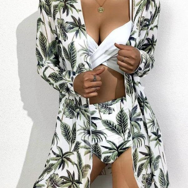 Damen Bikiniset mit floralem Kimono und hoch geschnittenem Oberteil Echo Archiv
