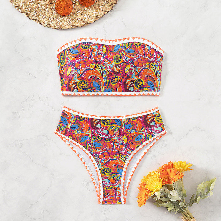 Damen Bandeau-Bikini mit buntem Psychedelic-Design und eleganten Rüschen Echo Archiv