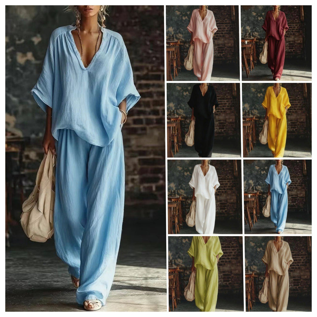 Damen nan lässiges zweiteiliges Leinenoptik-Set mit tiefem V-Ausschnitt, Oversize-Bluse und weitem Palazzo-Hosen Echo Archiv