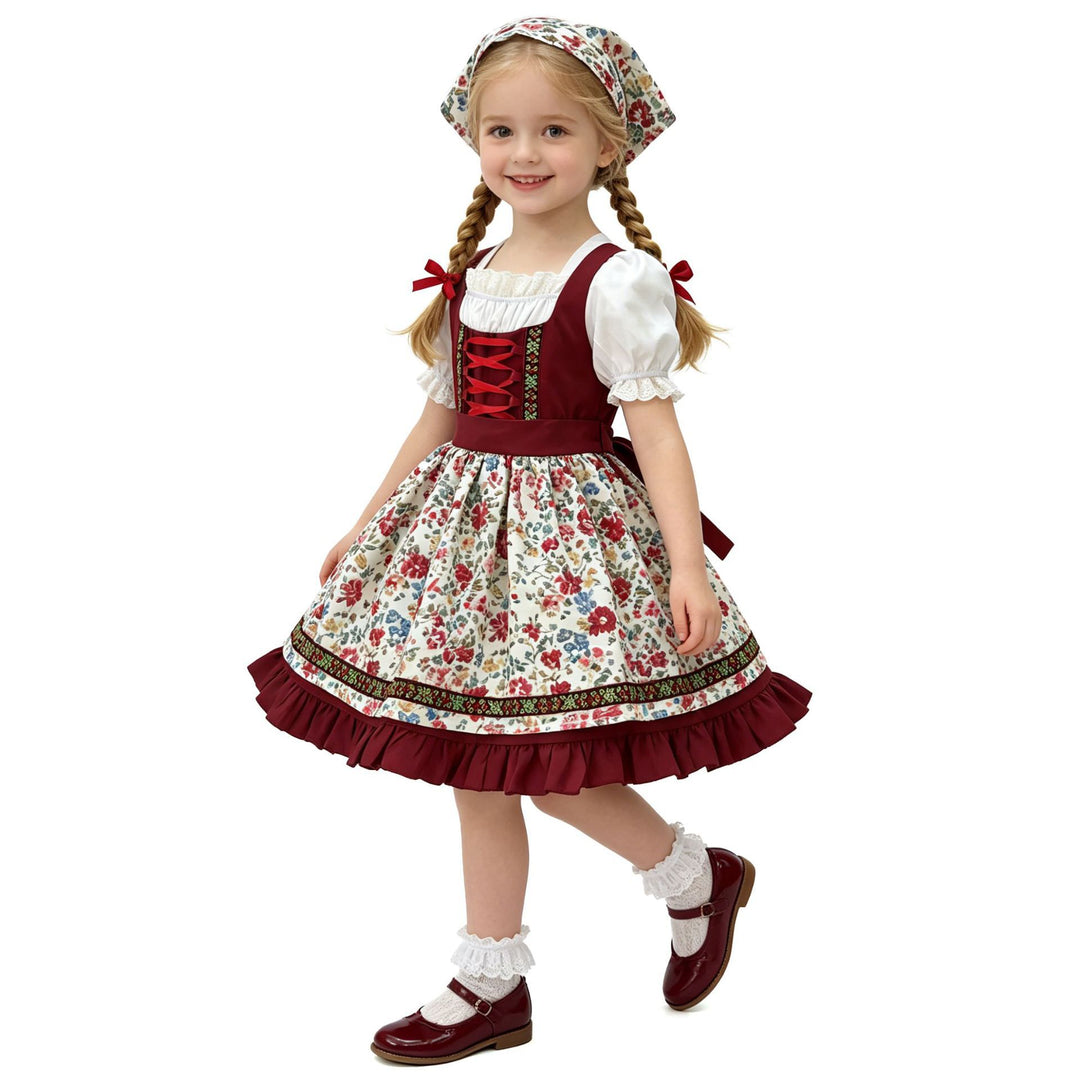Damen nan traditionelles Kinderdirndl mit Schürze Haarband Spitzenbluse und Zierschnürung Echo Archiv