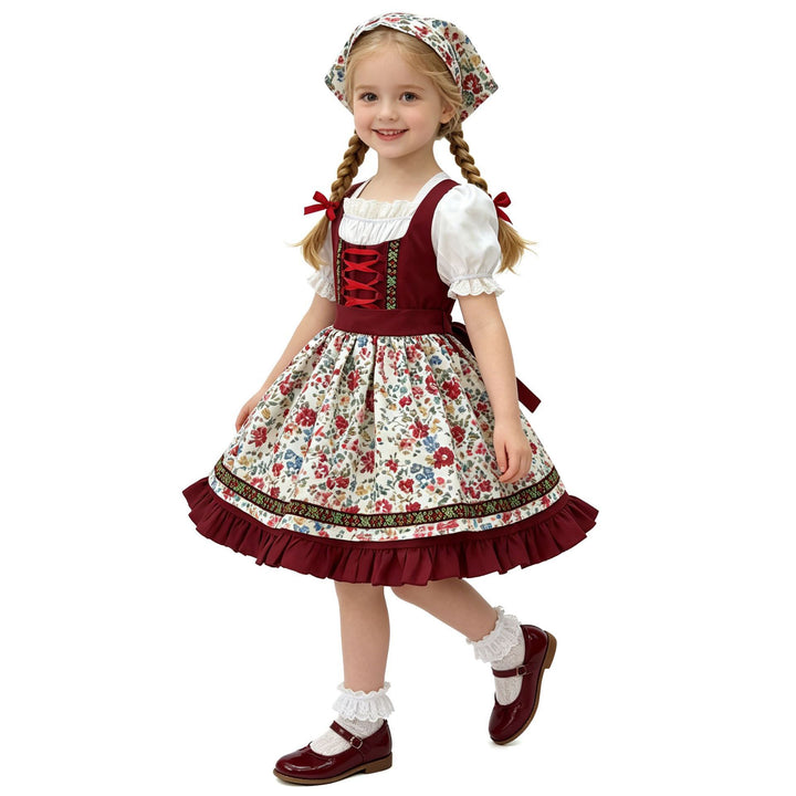 Damen nan traditionelles Kinderdirndl mit Schürze Haarband Spitzenbluse und Zierschnürung Echo Archiv