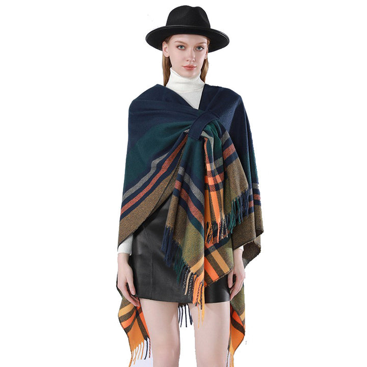 Damen Oversize‑Poncho‑Überwurf mit Tunnelzug, Karomuster und Fransensaum Echo Archiv