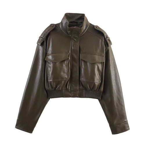 Damen 20+ taillierte Cropped Lederoptik Bomberjacke mit Schulterpatten Echo Archiv