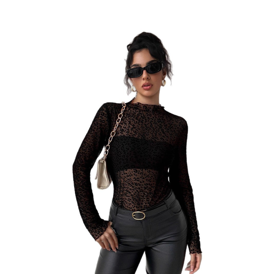 Damen nan eng anliegendes Transparenz-Mesh-Top mit erhabenem Samtflock-Leoprint und Stehkragen Echo Archiv