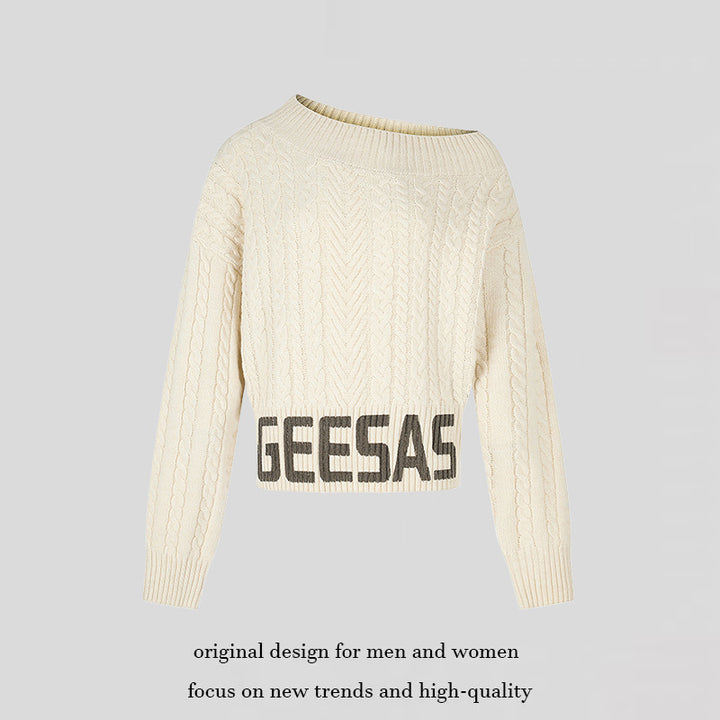 Damen Kurzer Zopfstrick-Pullover mit weitem Boat-Ausschnitt und markantem Logobund Echoarchiv