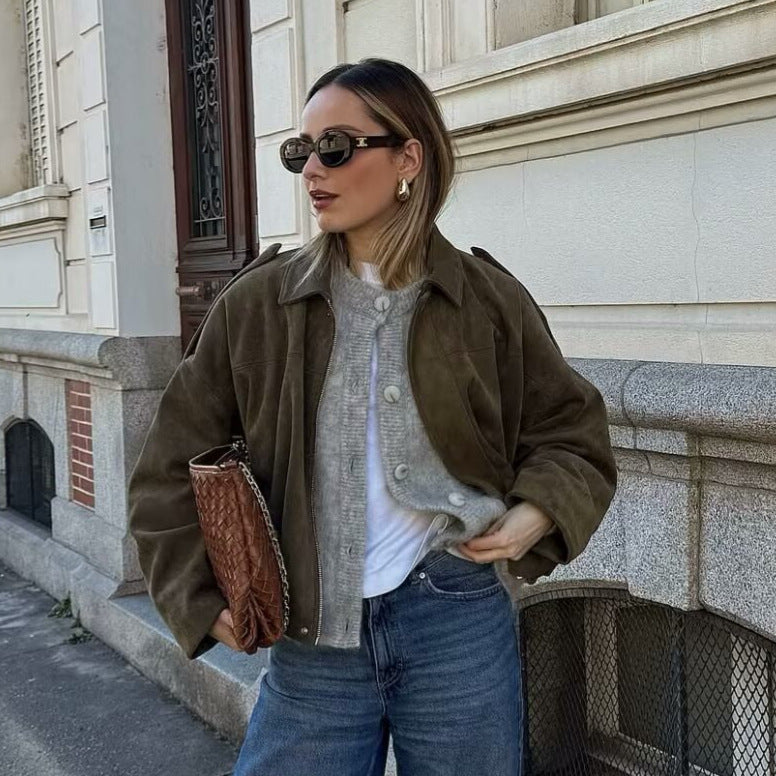 Damen Oversize-Suedejacke mit Schulterklappen, verdeckter Knopfleiste und elastischem Saum Echo Archiv