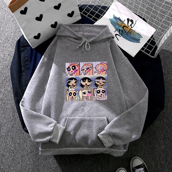 Damen lässiger Kapuzenpullover mit quadratischem Cartoon-Collageprint weiches Fleece Innenfutter und aufgesetzter Kängurutasche – Auréline