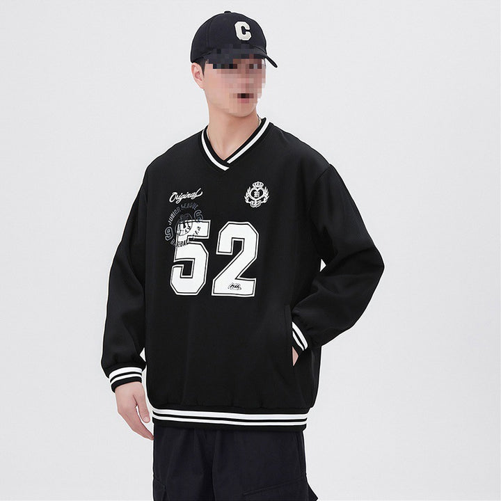 Herren Oversize V‑Ausschnitt Sportsweatshirt im College‑Look mit gestreiften Bündchen Echoarchiv