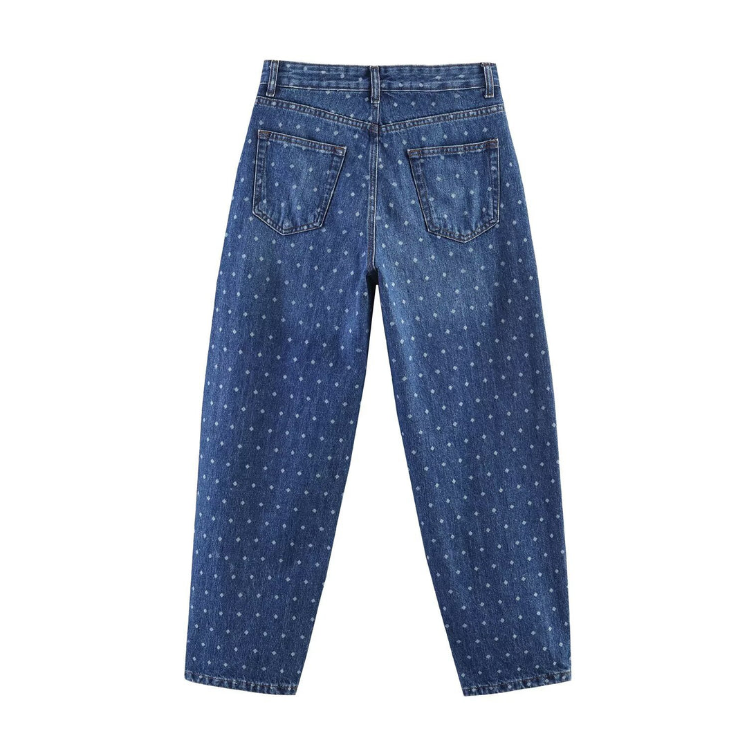Damen High‑Waist Mom‑Jeans mit tapered Bein und dezentem Punkte‑Print Echoarchiv