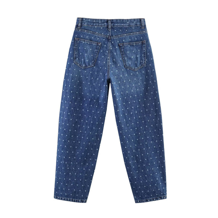Damen High‑Waist Mom‑Jeans mit tapered Bein und dezentem Punkte‑Print Echoarchiv