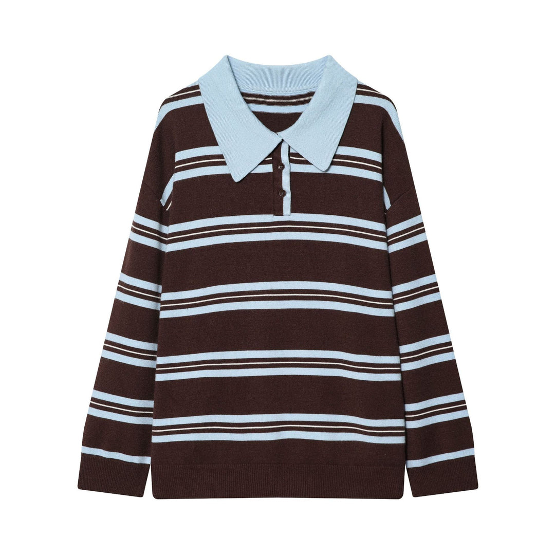 Damen gestreifter Feinstrick-Polopullover mit Knopfleiste, Rippbündchen und leichter Wollmischung – Mavelle