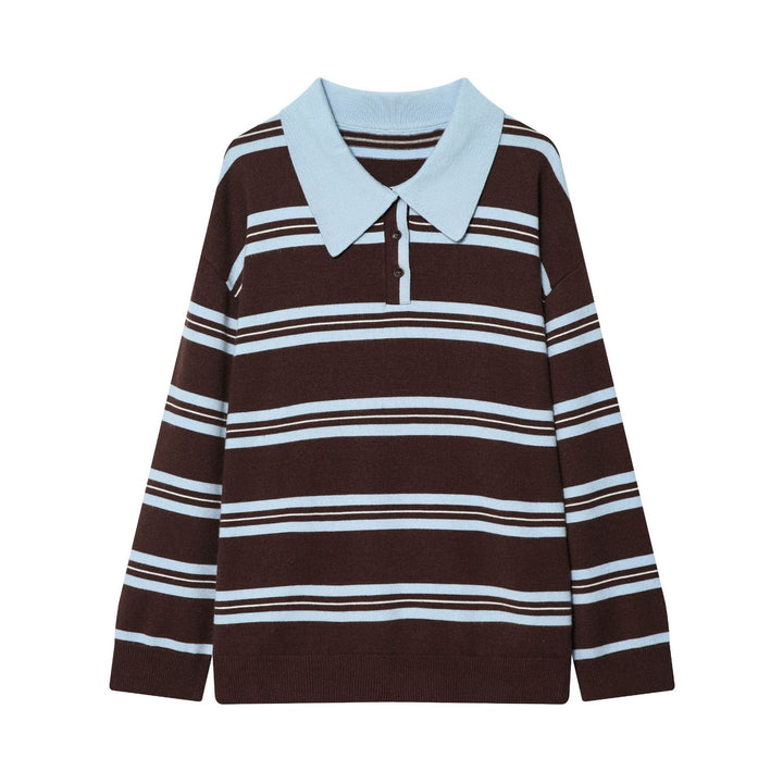 Damen gestreifter Feinstrick-Polopullover mit Knopfleiste, Rippbündchen und leichter Wollmischung – Mavelle