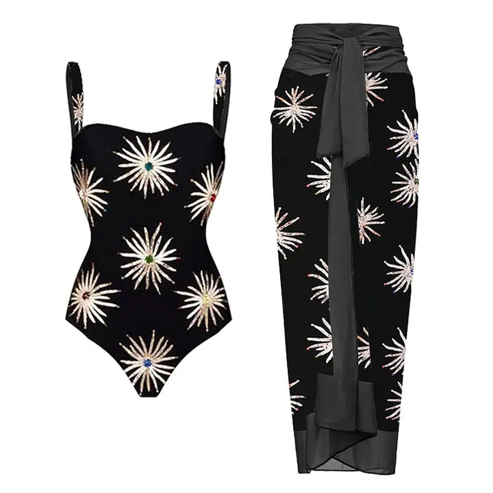 Damen Elegantes asymmetrisches Bikini-Set mit funkelndem Blumendesign Echo Archiv