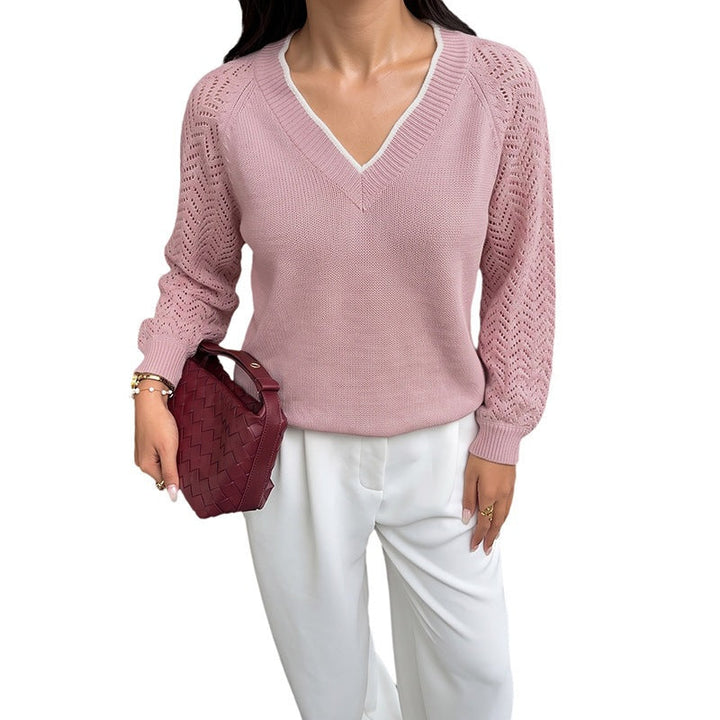 Damen Feinstrickpullover mit tiefem V-Ausschnitt, Ajour‑Ärmeln und geripptem Saum Echoarchiv