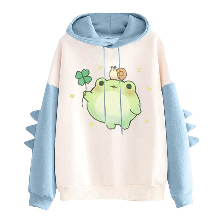 Damen Kapuzenpullover mit niedlichem Frosch-Motiv, Kängurutasche und volumigen Ärmelapplikationen – Auréline
