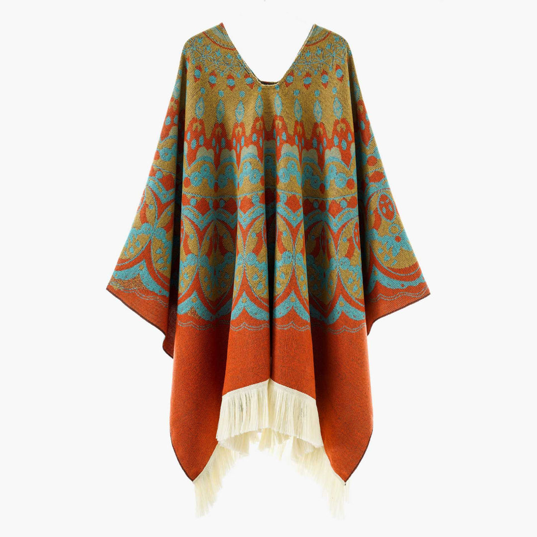 Damen Gewebter Jacquard-Poncho mit V-Ausschnitt, Ethno‑Print und Fransen – Avérine