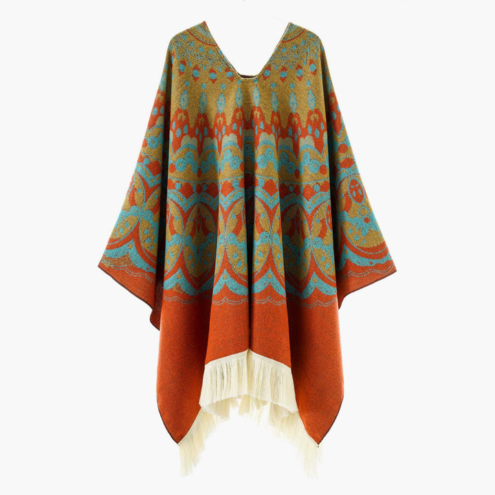 Damen Gewebter Jacquard-Poncho mit V-Ausschnitt, Ethno‑Print und Fransen – Avérine