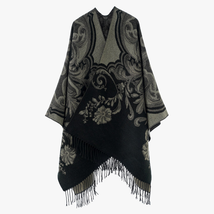 Damen Barock‑Jacquard Cape mit asymmetrischem Zipfelsaum und Fransen – Avérine