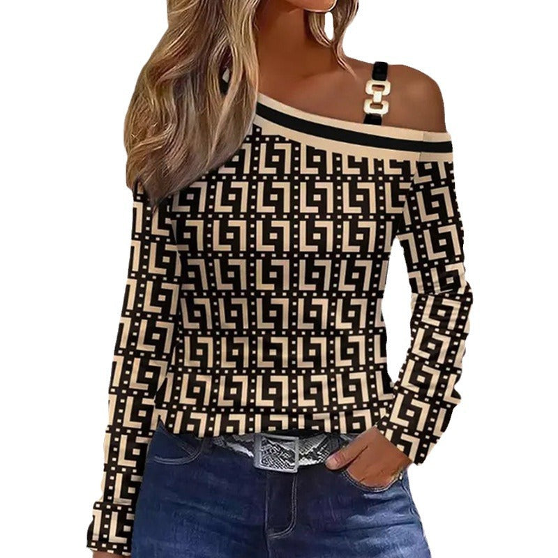 Damen Asymmetrisches Longsleeve mit One-Shoulder, Ziergurt und geometrischem Allover-Print – Avérine