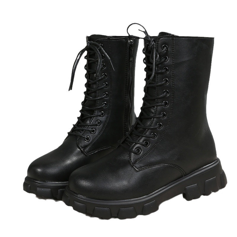 Damen Plateau-Bikerboots mit seitlichem Reißverschluss, Schnürung und markanter Profilsohle – Lioré