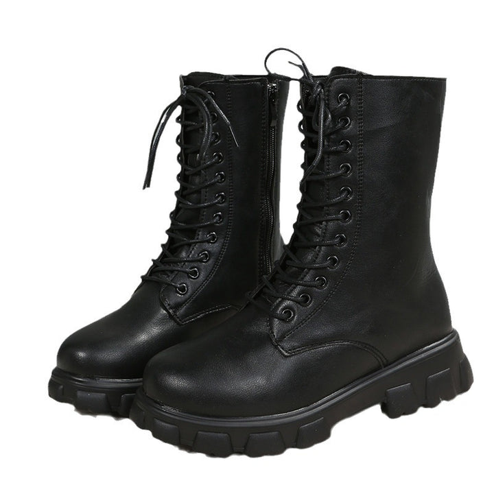 Damen Plateau-Bikerboots mit seitlichem Reißverschluss, Schnürung und markanter Profilsohle – Lioré