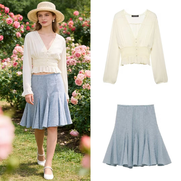 Damen Zarte Langarm‑Bluse aus Crinkle‑Chiffon mit tiefem V‑Ausschnitt, Smok‑Taille und Volantsaum Echo Archiv