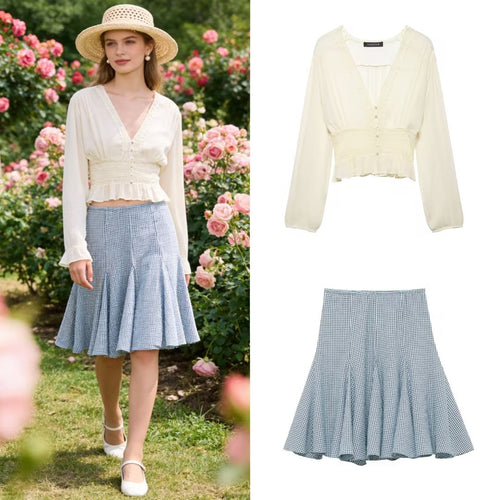 Damen Zarte Langarm‑Bluse aus Crinkle‑Chiffon mit tiefem V‑Ausschnitt, Smok‑Taille und Volantsaum Echo Archiv