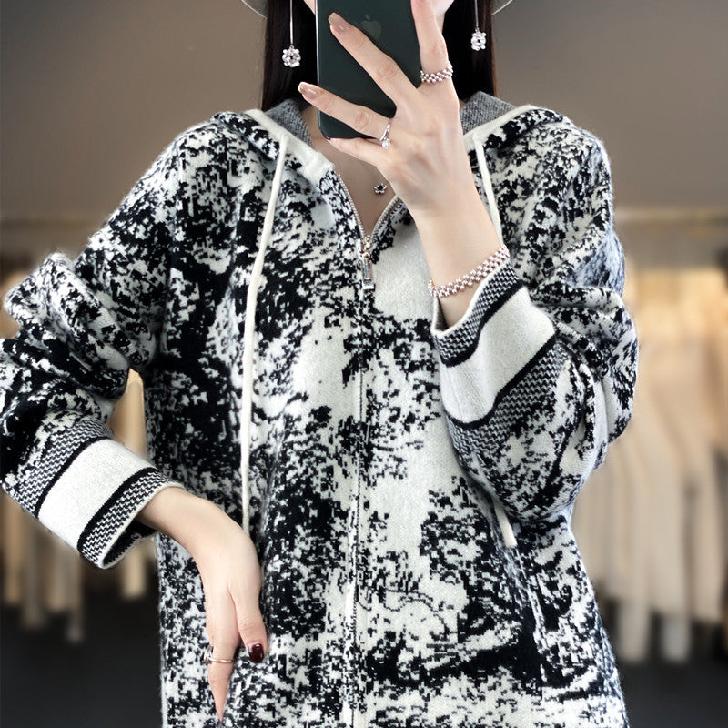 Damen Oversize Jacquard-Strickjacke mit Kapuze und Reißverschluss Echoarchiv