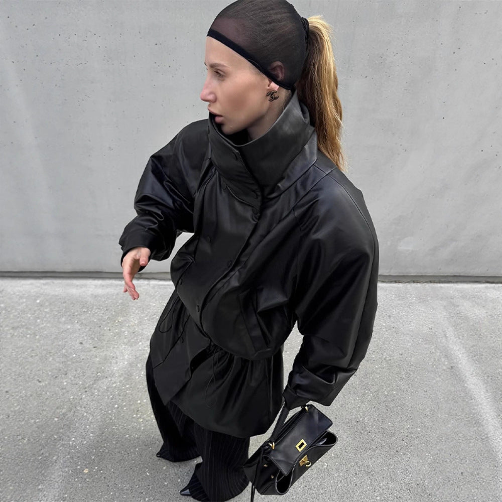 Damen Oversize Kunstleder-Parka mit hohem Stehkragen und verstellbarem Kordelzug Echoarchiv