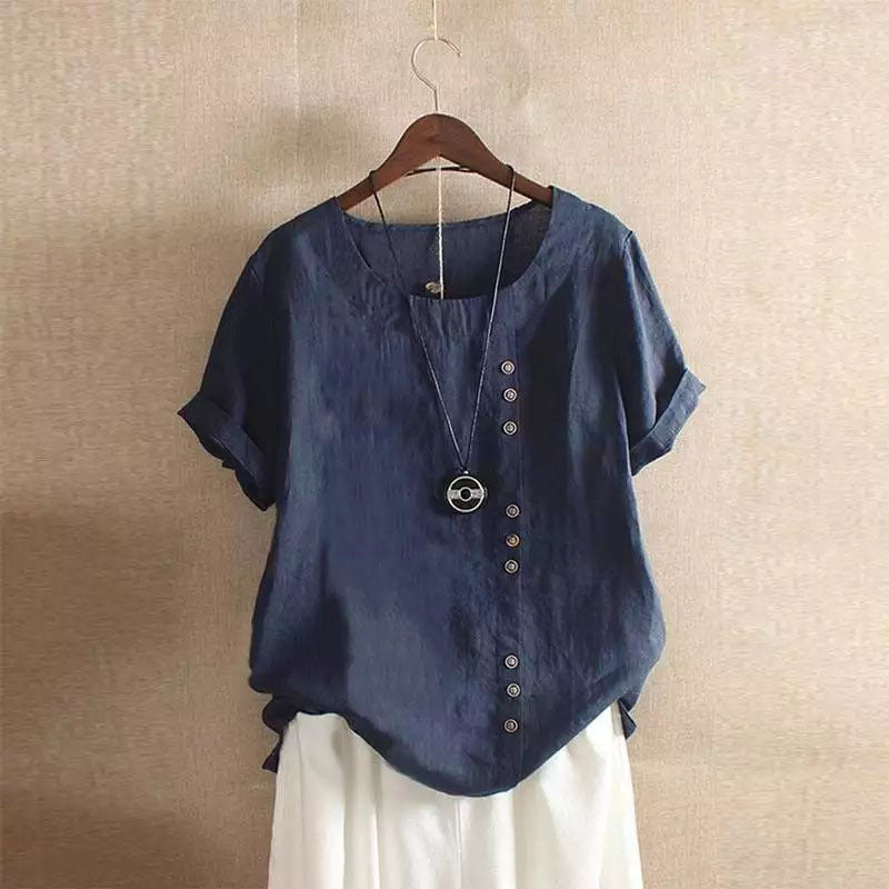 Damen Lässige Leinenbluse mit Umschlagbaren Ärmeln und Knopfdetails Echoarchiv