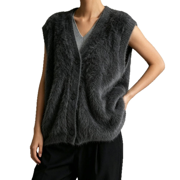 Damen Flauschige ärmellose Knopf‑Weste aus Mohairmix mit tiefem V-Ausschnitt – Veloura