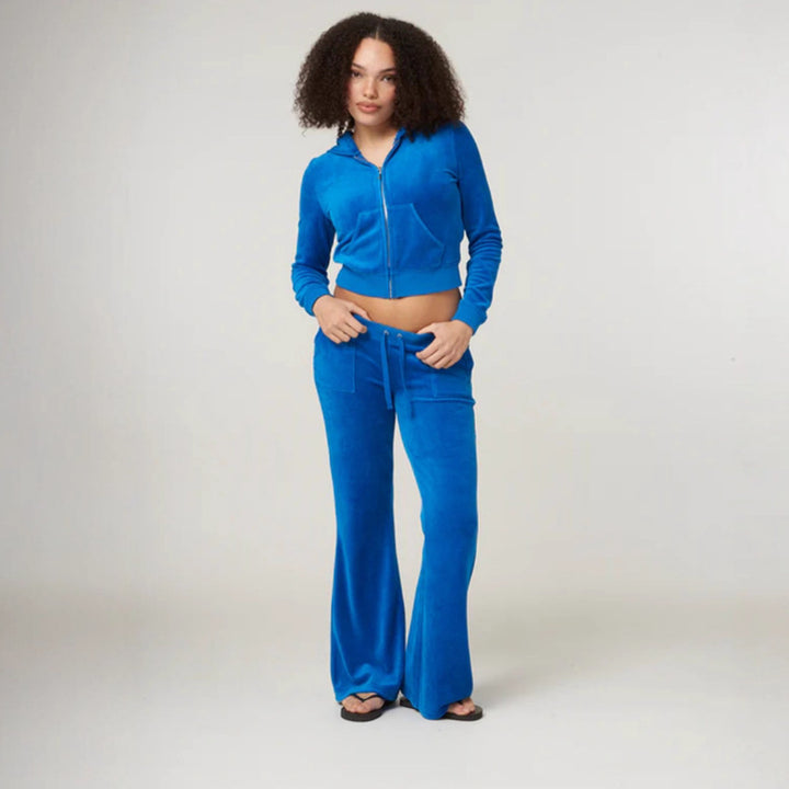 Damen Samtvelours Cropped-Zipjacke mit Kängurutasche und hochgeschnittener Bündchenhose – Auréline