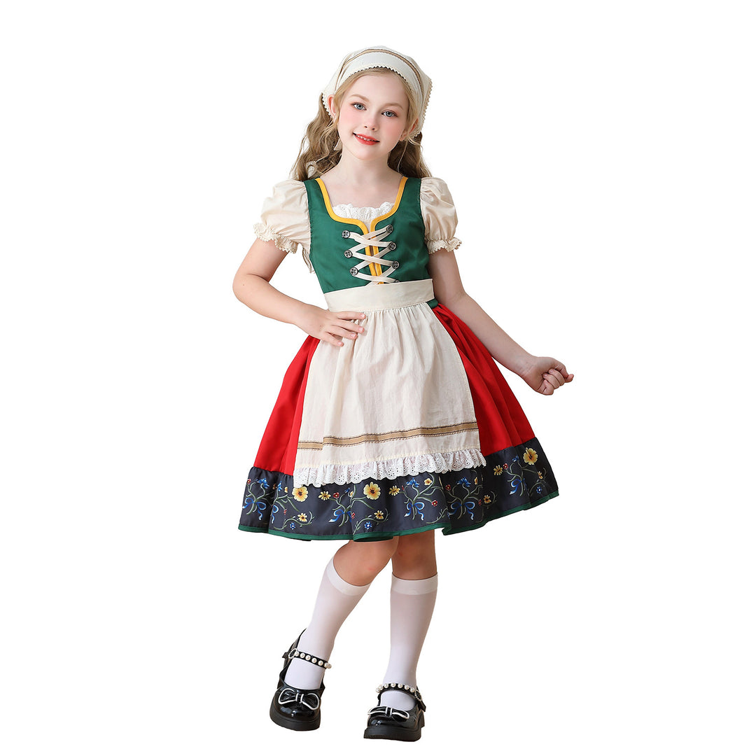 Damen nan traditionelles Kinderdirndl Kleid mit dekorativer Schnürung Schürze und Spitzenkopftuch Echo Archiv