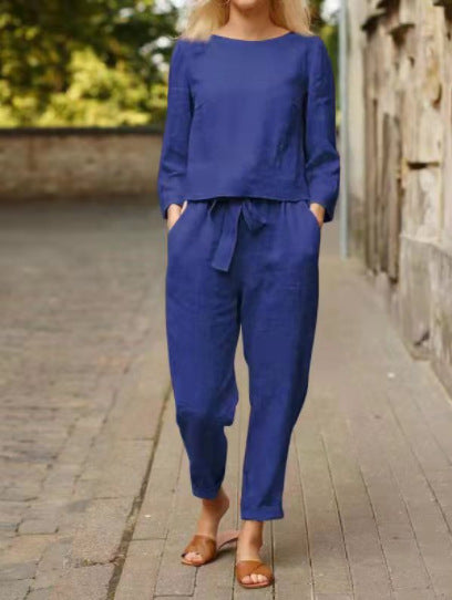 Damen Lässiges Leinen-Loungewear-Set mit Rundhalsausschnitt, Bindegürtel und knöchellanger Hose – Élanora